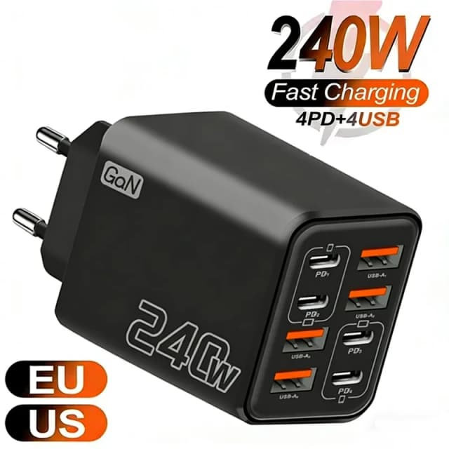 240W GAN USB C เครื่องชาร์จ 8 ใน 1 ชาร์จเร็วอะแดปเตอร์ชาร์จโทรศัพท์สำหรับไอโฟน ซัมซุง เสี่ยวมี่ ไทป์ ซี EU/ปลั๊กชาร์จติดผนังของสหรัฐฯ