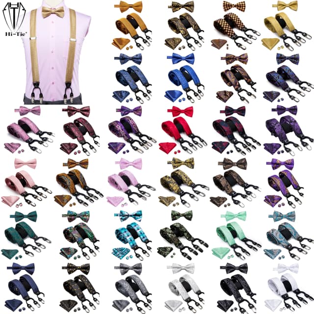 Dropshipping Jacquard ผ้าไหม Mens Braces Bowtie Cufflinks Hanky ชุดปรับ Suspender Bow ขายส่งสำหรับชายธุรกิจ