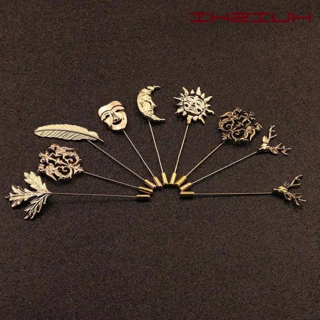 Vintage Tie Pin ผู้ชายผู้หญิงทอง Slivery Deer Leaf Sun Shape เข็มกลัด Pin สําหรับงานแต่งงานชุดกระเป๋าแฟชั่นเครื่องประดับ Retro อุปกรณ์เสริม