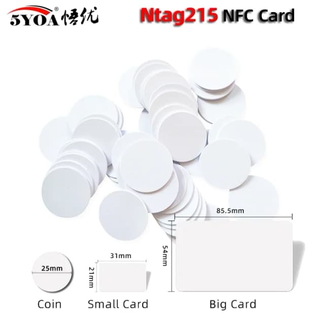 บัตร NFC 5YOA 5YOA 10 ชิ้น บัตร Ntag215 แบบเหรียญ ชิป 215 กุญแจ 13.56MHz Ultralight Universal ISO IEC14443A 25 มม. กันน้ำ PVC