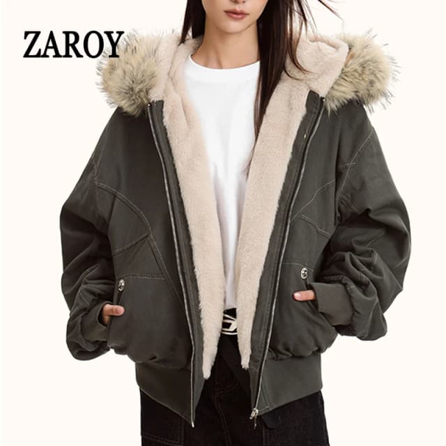 เสื้อพาร์กา ZAROY แต่งขนเฟอร์ที่ฮู้ด สไตล์ Y2k ฮาราจูกุ บุหนา แจ็คเก็ตแบบมีซิป สไตล์โกธิค สำหรับผู้หญิงและผู้ชาย เสื้อโค้ทฤดูหนาว สตรีทแวร์