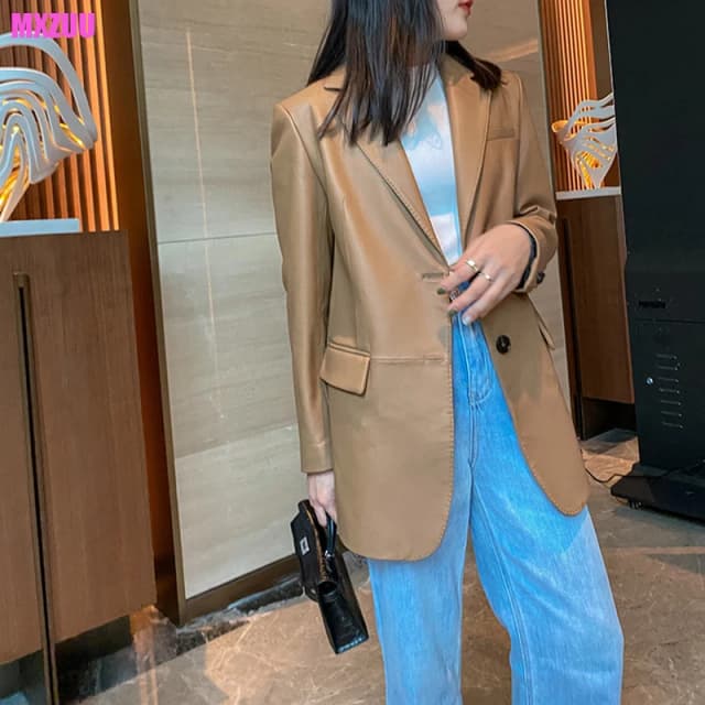 ของแท้หนัง Blazer สำหรับสตรี Commuter สไตล์ Single-Breasted Camel/สีดำกลางความยาว Sheepskin เสื้อผ้าสูทสตรีแจ็คเก็ต