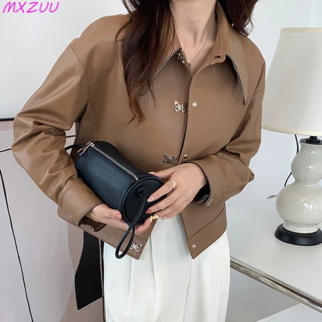 ฤดูหนาวสำหรับผู้หญิงใหม่แจ็คเก็ต Casaco Feminino Sheepskin ขนาดใหญ่ Slim Peaked Lapel ผีเสื้อปุ่มหัวรถจักรหนังเสื้อ