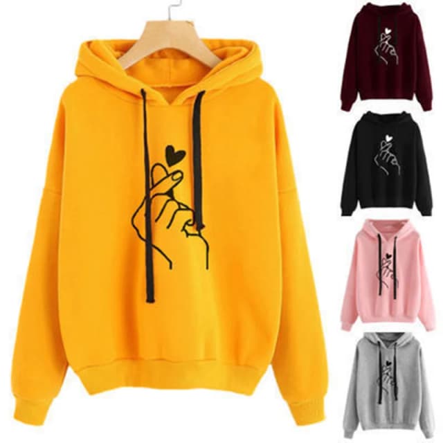 ฤดูใบไม้ร่วงขนแกะHoodieสีทึบFinger Heart Hoodedเกาหลีแฟชั่นเสื้อแขนยาวกระเป๋าสตางค์หลวมHoodies