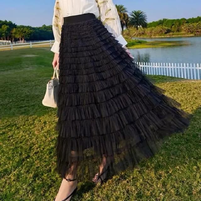 กลางยาวกระโปรงTulleสําหรับผู้หญิงอินเทรนด์HighElasticเอวสายFluffy Fairyตาข่ายLayered Ruffleกระโปรงของขวัญหญิง