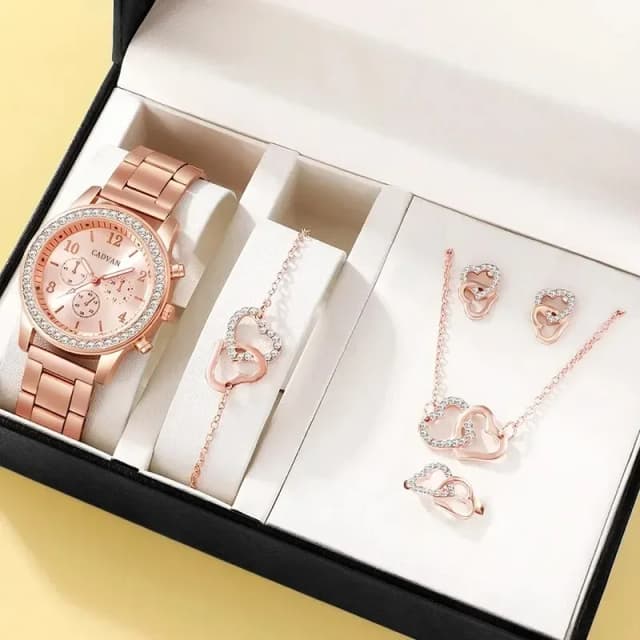 6 ชิ้นชุด Rose Gold Luxury นาฬิกาผู้หญิงแหวนสร้อยคอต่างหู Rhinestone แฟชั่นนาฬิกาข้อมือสุภาพสตรีสร้อยข้อมือนาฬิกา