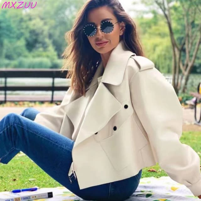 ผู้หญิง Sheepskin Coat PLUS ขนาดสั้นหลวม Veste Femme ขนาดใหญ่กระเป๋าสีเทา/สีเขียวเข้ม/สีชมพู/สีกากีหัวรถจักรหนังแจ็คเก็ต