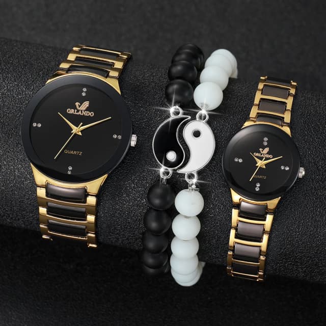 4 ชิ้น/เซ็ตคู่นาฬิกาแฟชั่น Rhinestone ผู้หญิงควอตซ์นาฬิกาสแตนเลสสตีลนาฬิกาข้อมือผู้ชายสร้อยข้อมือชุด