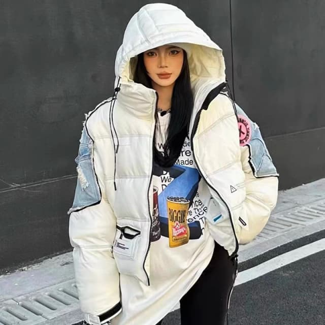 ผู้หญิงหนาเป็ดสีขาวลงเสื้ออินเทรนด์ DENIM Splicing ลงเสื้อแจ็คเก็ตสั้น Hooded สี Collision Parker JACKET Coat