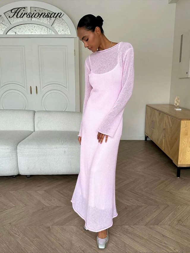 Hirsionsan ฤดูใบไม้ผลิฤดูใบไม้ร่วง O-คอถักชุดยาวผู้หญิง 2024 Elegant Chic Soft Lady Hollowing เสื้อกันหนาว Femme ใหม่