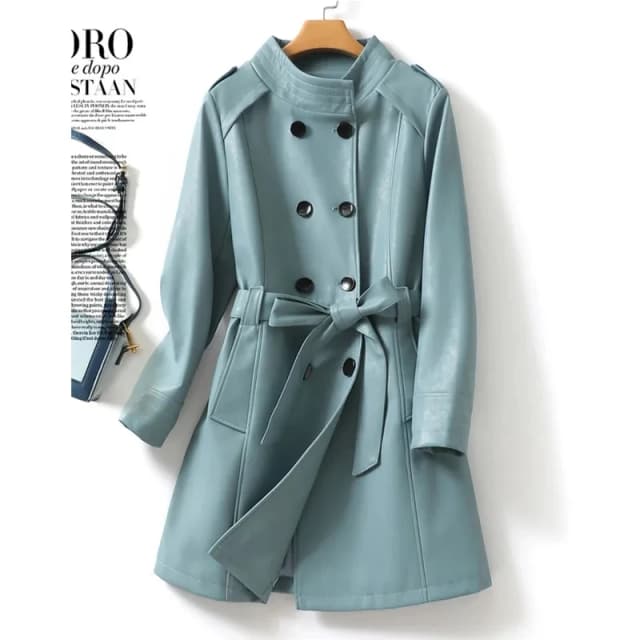 Blue Sheepskin Trench Coatสําหรับผู้หญิงDouble-Breasted Lace-Upเข็มขัดแยกหนังOutwear 2023 ขาตั้งสุภาพสตรีLambskin Trench