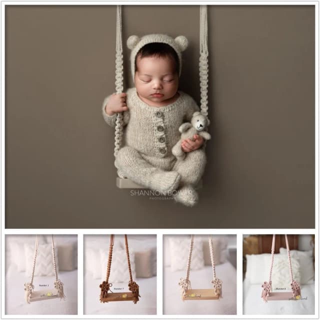 ทารกแรกเกิดการถ่ายภาพ Prop ไม้ Swing Vintage Posing Swing Macrame Boho เด็ก Shootsession วาง Fotografia Bebe อุปกรณ์เสริม