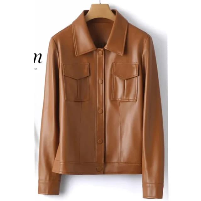 Sheepskin แจ็คเก็ตผู้หญิง Turn-Down COLLAR ปุ่มปิดสั้นเสื้อ 2024 ใหม่สุภาพสตรีสีดําสบายๆแยกหนังแจ็คเก็ตเสื้อผ้า