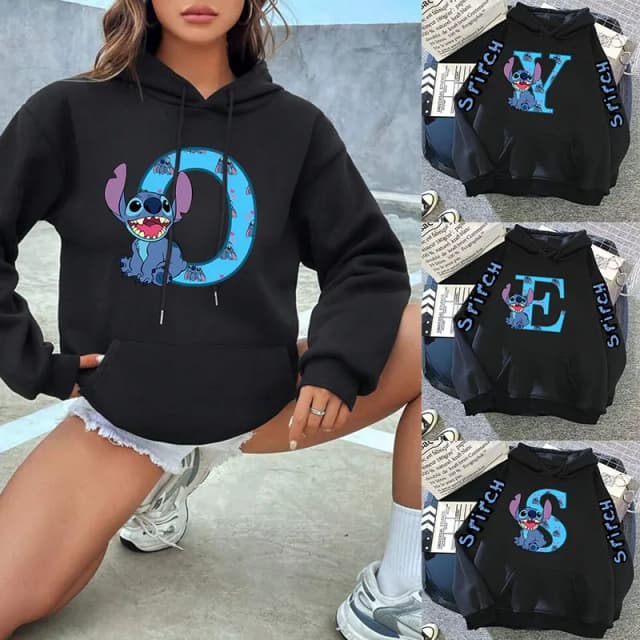 2024เสื้อแจ็คเก็ตสตรีฤดูหนาวน่ารักKawaii Disney Lilo & Stitch Lucky Letterพิมพ์สีดําHoodieแฟชั่นคู่Streetwearกีฬา