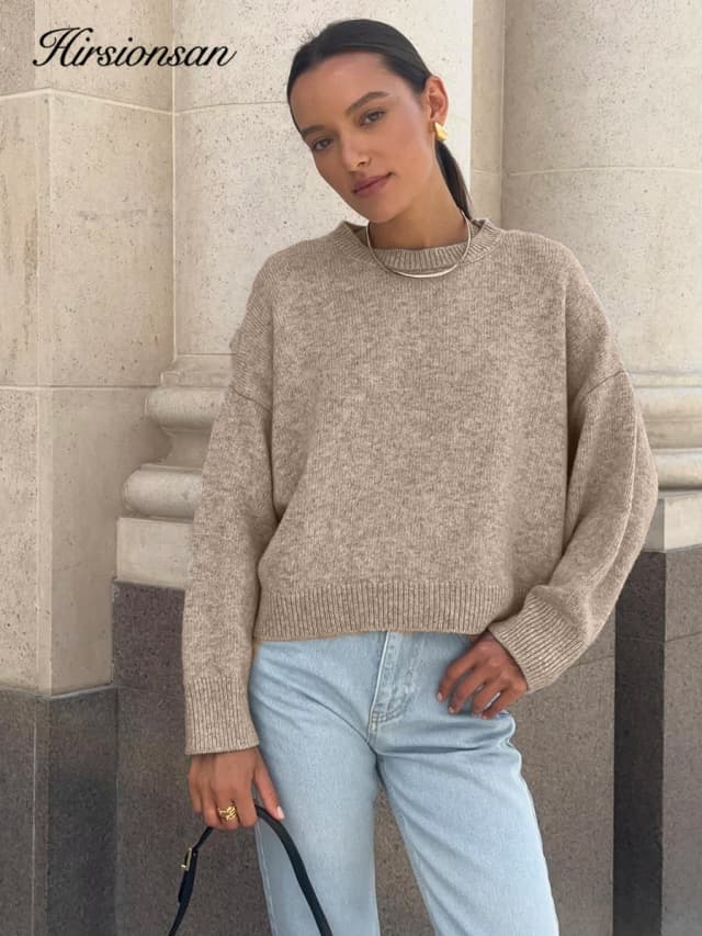 Hirsionsan Basic OคอBasicเสื้อกันหนาวผู้หญิง 2025 ขนาดใหญ่สั้นถักPulloversหญิงสบายๆหนาWarm Soft Tops