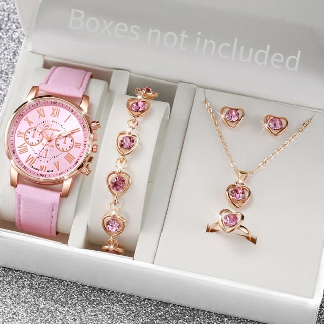 5 ชิ้น/เซ็ตแฟชั่นผู้หญิงนาฬิกา Rhinestone ชุดเครื่องประดับหัวใจเจนีวานาฬิกา Casual หนัง Band นาฬิกาข้อมือควอตซ์ (ไม่มีกล่อง)